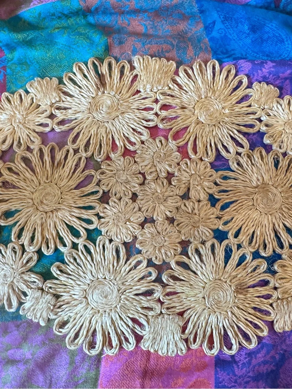 Vintage Set 6 Handwoven Straw Floral Placemats Natural Boho Cottage Coastal Farm
